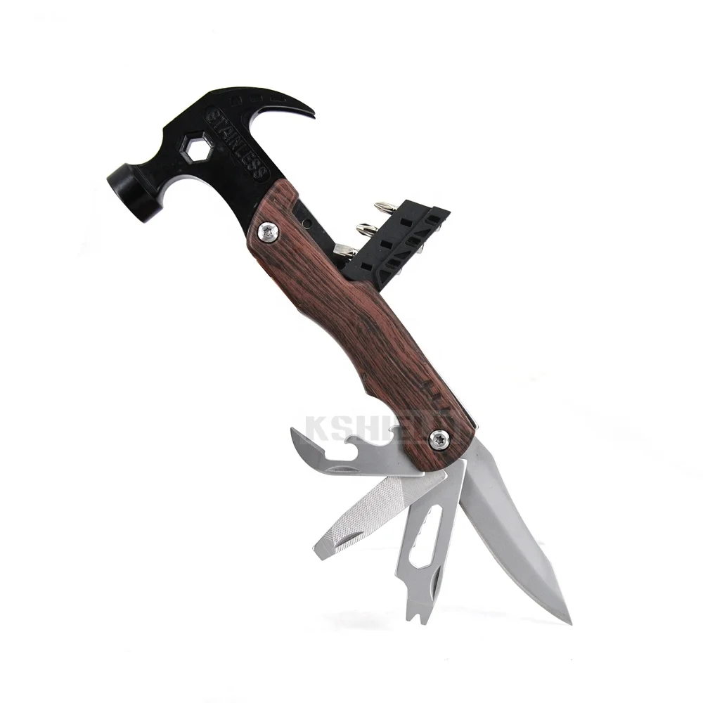 
 Портативный многофункциональный инструмент для кемпинга с деревянной ручкой, многофункциональный мини-молоток 14 в 1 с винтовыми головками  