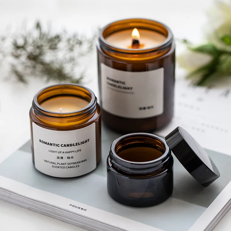 Unique Modern Luxury Gift Empty Amber Soy Wax Scented Candle Glass Jar with Lid