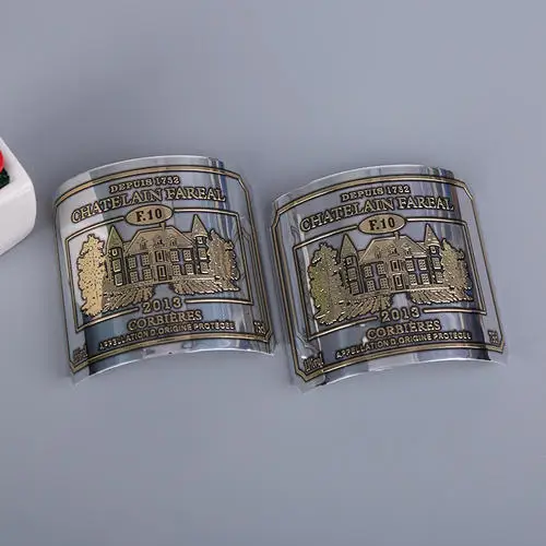 Custom 3D Metal stamping Die Cut Aluminium metal wine bottle sticker Logo with strong adhesives