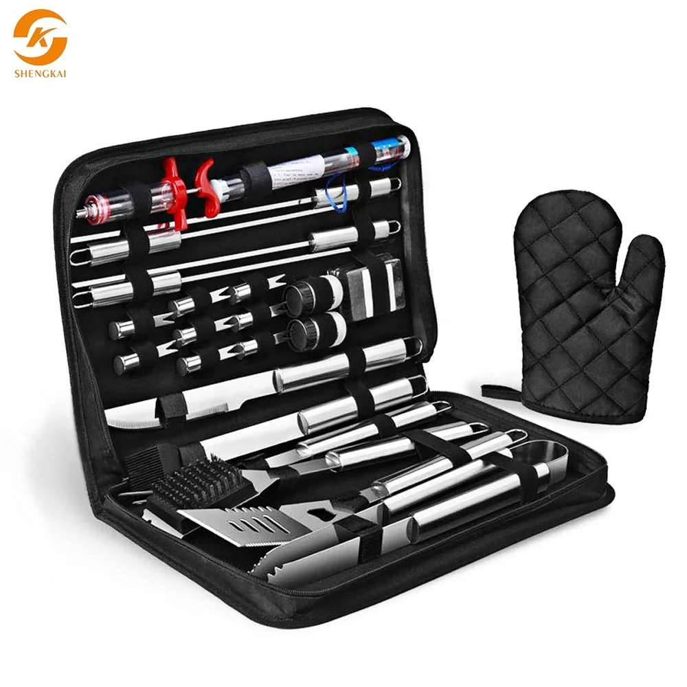 Grilling Kit for Smoker, Camping, Kitchen, Barbecue Utensil with Bbq Thermometer and Meat Injector in Bag Stainless Steel 25PCS