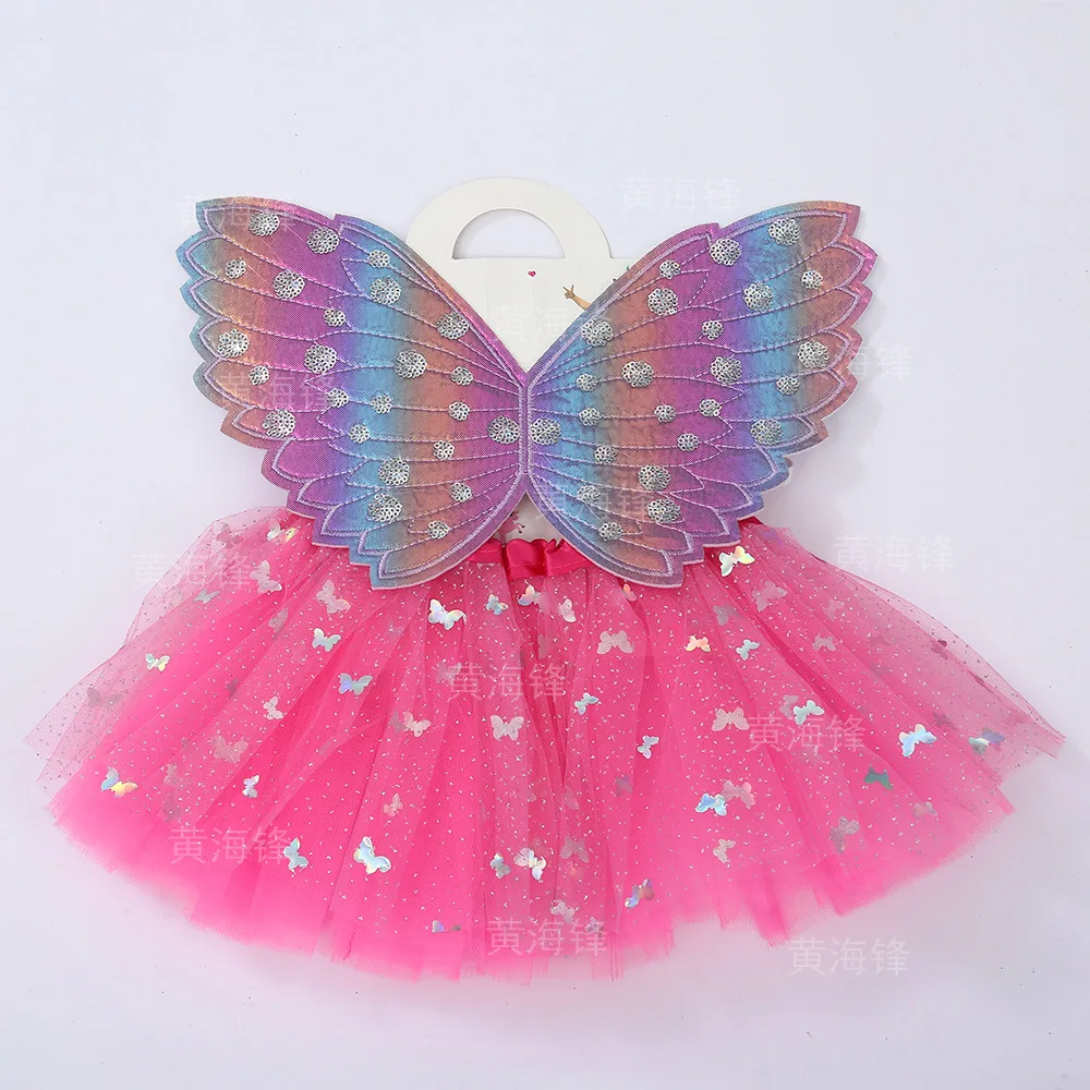 BAIGE Rainbow Angel Party Dress With Wing Princess Set For Girls Kid Fancy Costume Cosplay Kids Birthday Wings Set