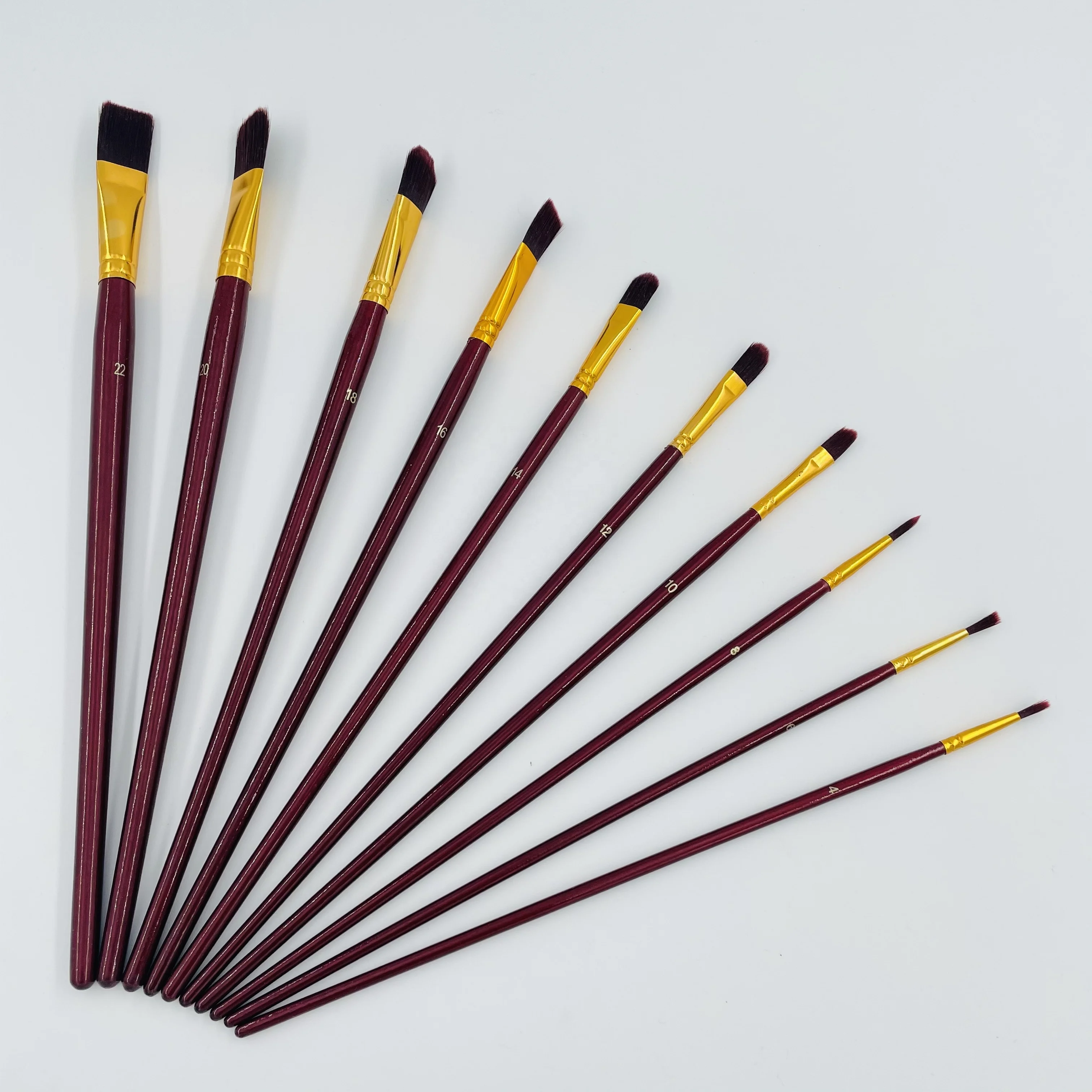 Artist Paint Brush Set Different Sizes nylon hair aluminum tube long red color wooden handle acrylic paint brush set