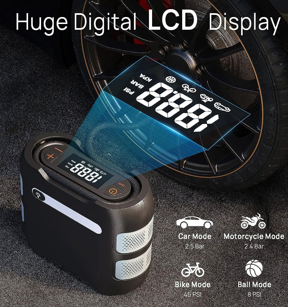 SOS led light 12V DC Auto cigarette 150psi EPDM cable large lcd display mini air pump tire inflator