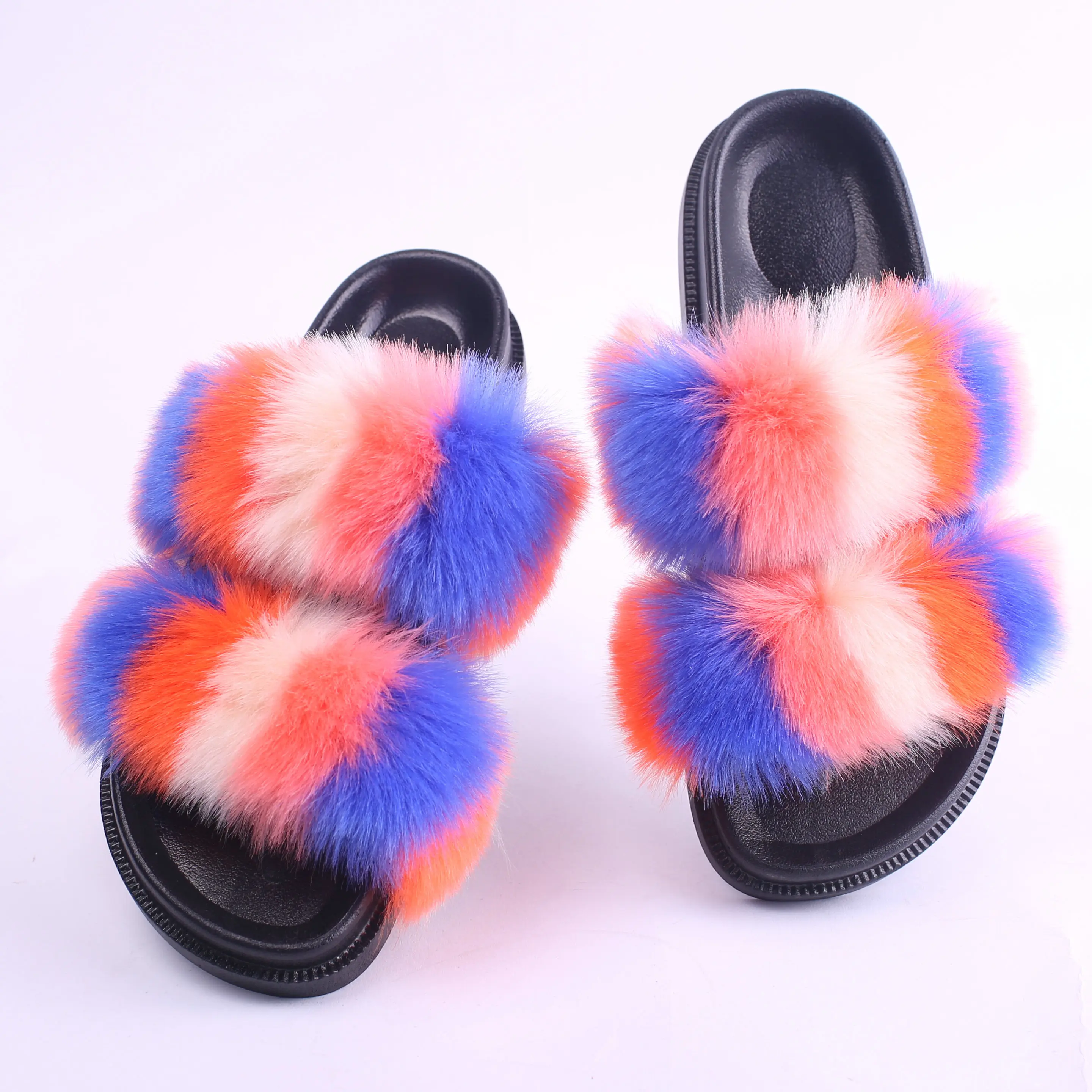 two strap house fluffy fur womens slippers 2023 Soft Furry Sandals Faux Double Strap Fur Slides