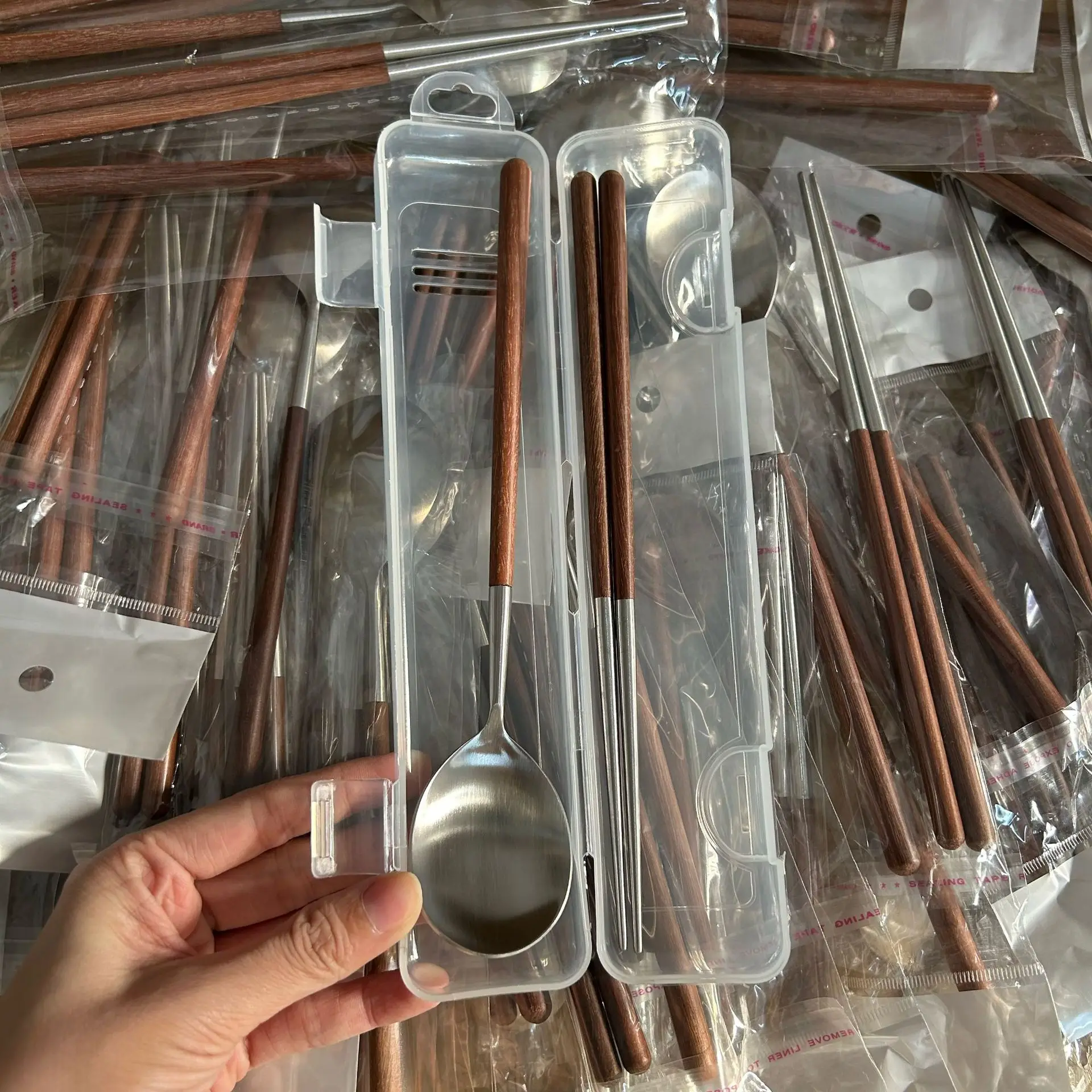 304 stainless steel portable tableware wooden fork spoon chopsticks travel outdoors sets