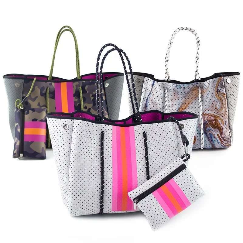 Fashion Camouflage Stripe Designer Neoprene Wholesale Beach Handbag Waterproof Neoprene Beach The Tote Bag