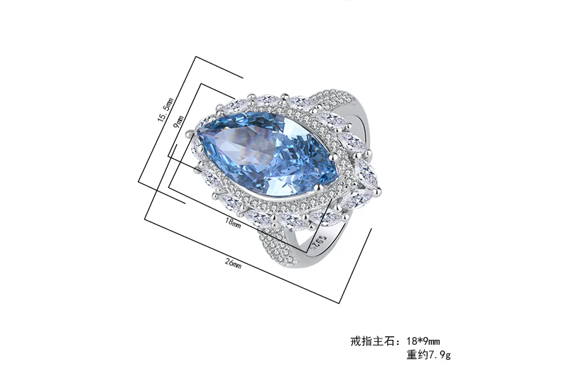 Hot sale S925 silver inlaid zircon 18K gold high carbon diamond Radiant cut big horse eye colored gemstone ladies ring jewelry