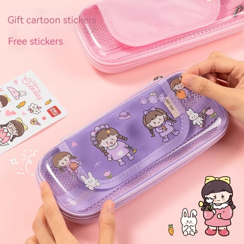 Deli BC308 Girl DIY Light Purple Transparent Pencil Case for Primary School Students Double Layer Three Layer Large Capacity Pen
