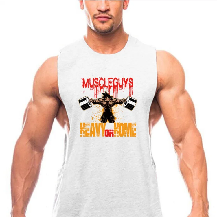 New men summer Muscular man elastic force Breathable GYM clothes printing Anime pattern Fitness Loose sleeveless Tees vest