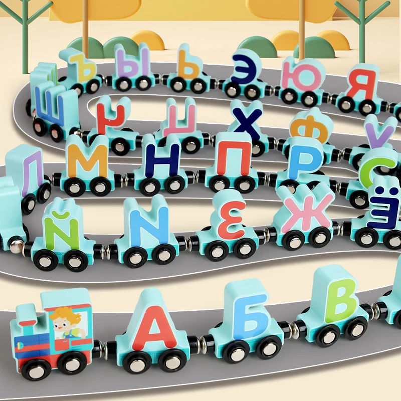 Wooden Train Set Magnetic Toy Building Block Game Russian Alphabet Train Toy For Kids