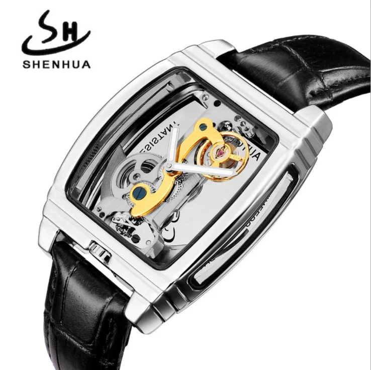 Автоматические механические часы SHENHUA, мужские часы в стиле стимпанк с автоподзаводом, черный кожаный, серебристый корпус, часы с подарочной коробкой