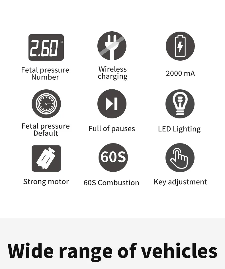 Portable car wireless air pump with light digital display Mini handheld tire air pump USB + cigarette lighter cable charging