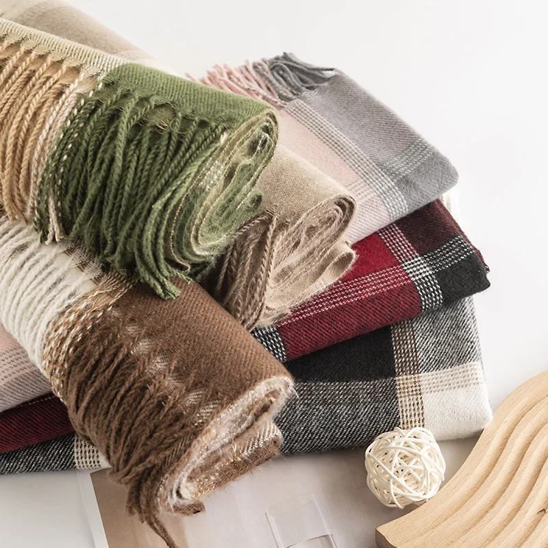 New Designer Warm Soft Pashmina Neck Scarves Shawl Blanket Ladies Plaid Tassel Cashmere Winter Scarf for Women