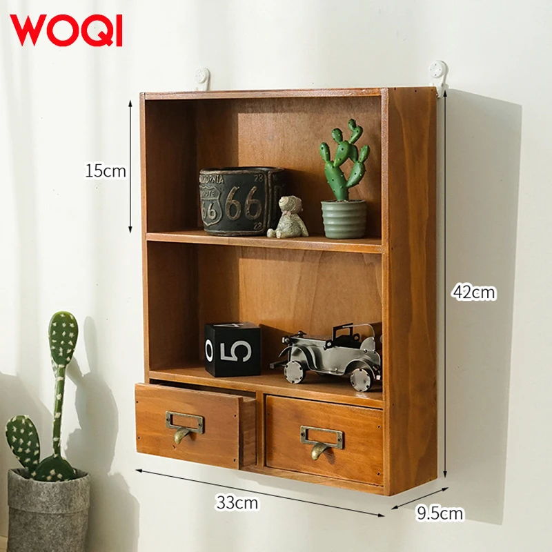 WOQI Vintage Solid Wood Display Shelves with 2 Drawers Wall Mounted/ Tabletop Suitable for All Kinds of Scenes