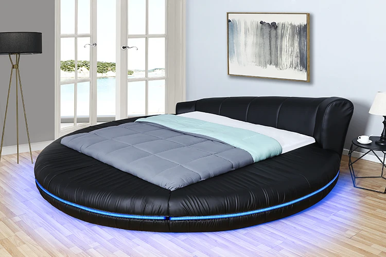 Willsoon furniture pu lerather king size LED round Upholstered furniture bed