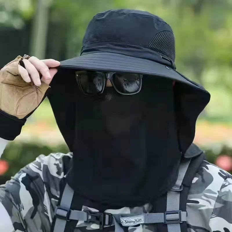 Outdoor UV Protection Sun Hats Couples Light String Bucket Fishing Bucket Hat with Face and Neck Cover for Men Sports Caps Plain
