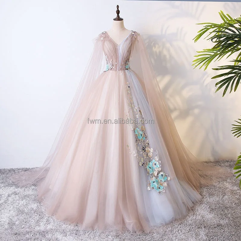 Custom Made A-line 2 Colors Tulle Tiered Evening Party Dress with Long Shawl Applique V-neck Bride Gown for Women