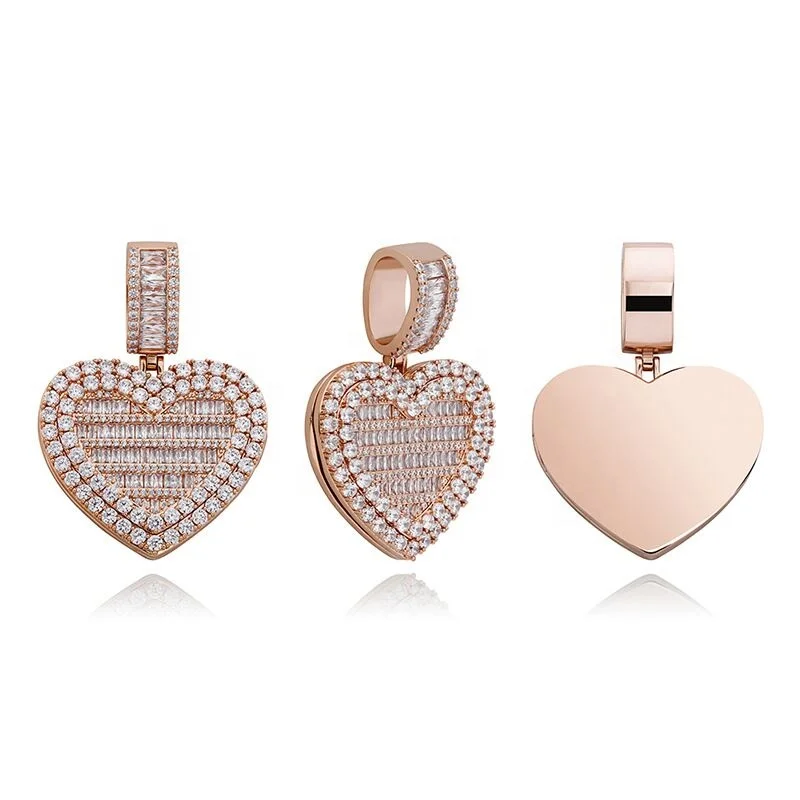Iced out bling rectangle cz heart shaped locket pendant heart photo frame necklace