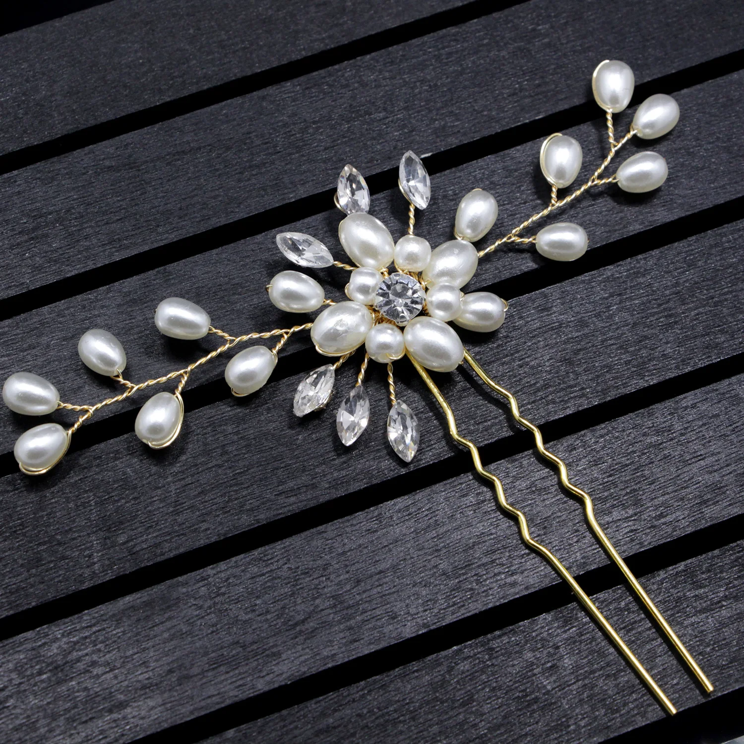 Korean golden white alloy pearls flower crystal hair pin Girl luxury fashion hairpins Bridal wedding forks