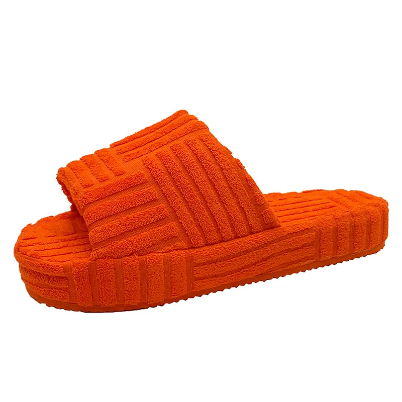 2022 orange slippers large size thick bottom warm wool slippers women autumn and winter embossed towel cotton slippers