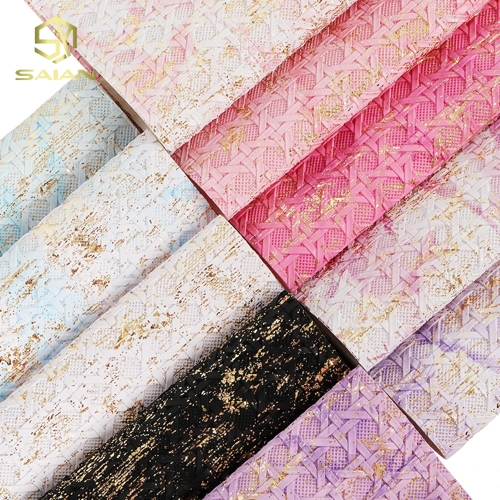 1.2MM Metallic Gold Foil Pattern Prints PVC Synthetic Leather Woven Textured Embossed Artificial Fabric Leather For Bags