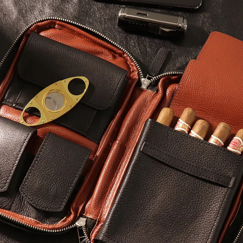 Premium Luxury Cigar Tool Bag Genuine Leather Cigar Bag Travel Portable Cow Leather Moisturizing Humidor Cigar case