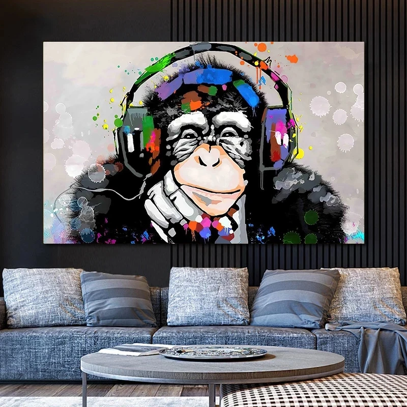 Graffiti Art Thinking Gorilla Wall Art Poster Funny Monkey Canvas Painting Print Dj Monkey Picture for Home Wall Decor Cuadros