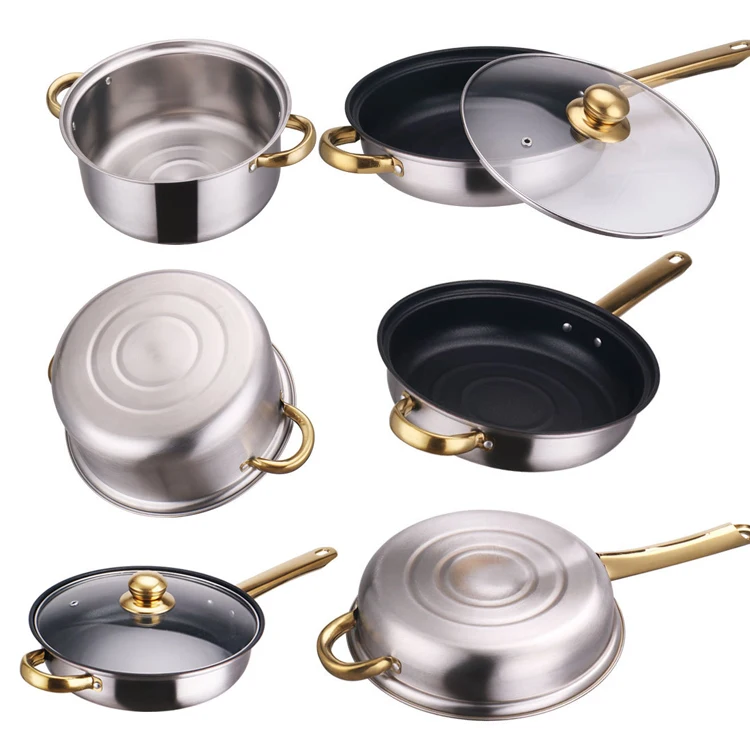 Stainless steel pot set non-stick pan 12-piece set gold-plated handle stainless pots cookware set kitchen