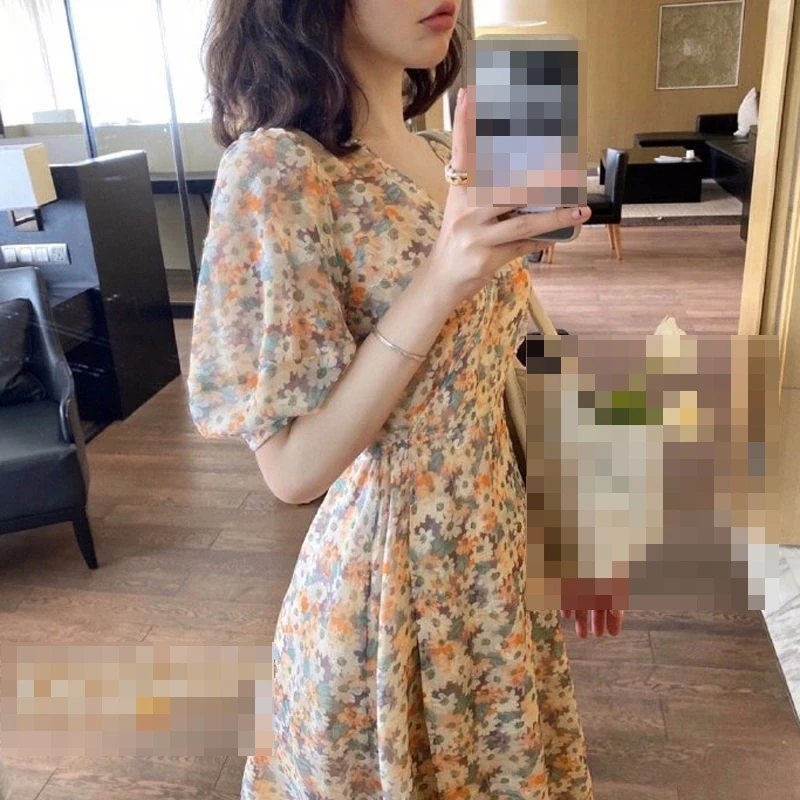 New Trends Summer Korean Style Women S Clothingvcollar Floral Dress Female Student Long Oil Painting Skirt Series Skirt