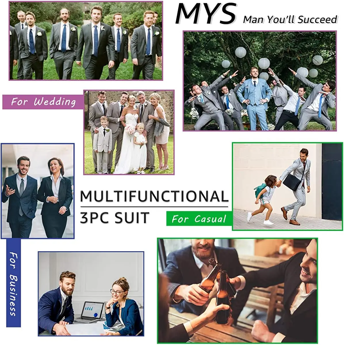 Mens 3 Piece Slim Fit Suit Set, One Button Solid Jacket Vest Pants with Tie