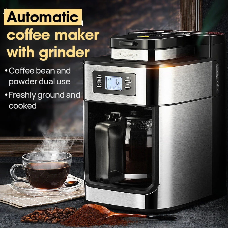 Coffee Maker Machine with Grinder Digital LED Display Screen Grinding Bean to Cup Stainless Steel 1.25L Electric LCD 2 in 1 1050