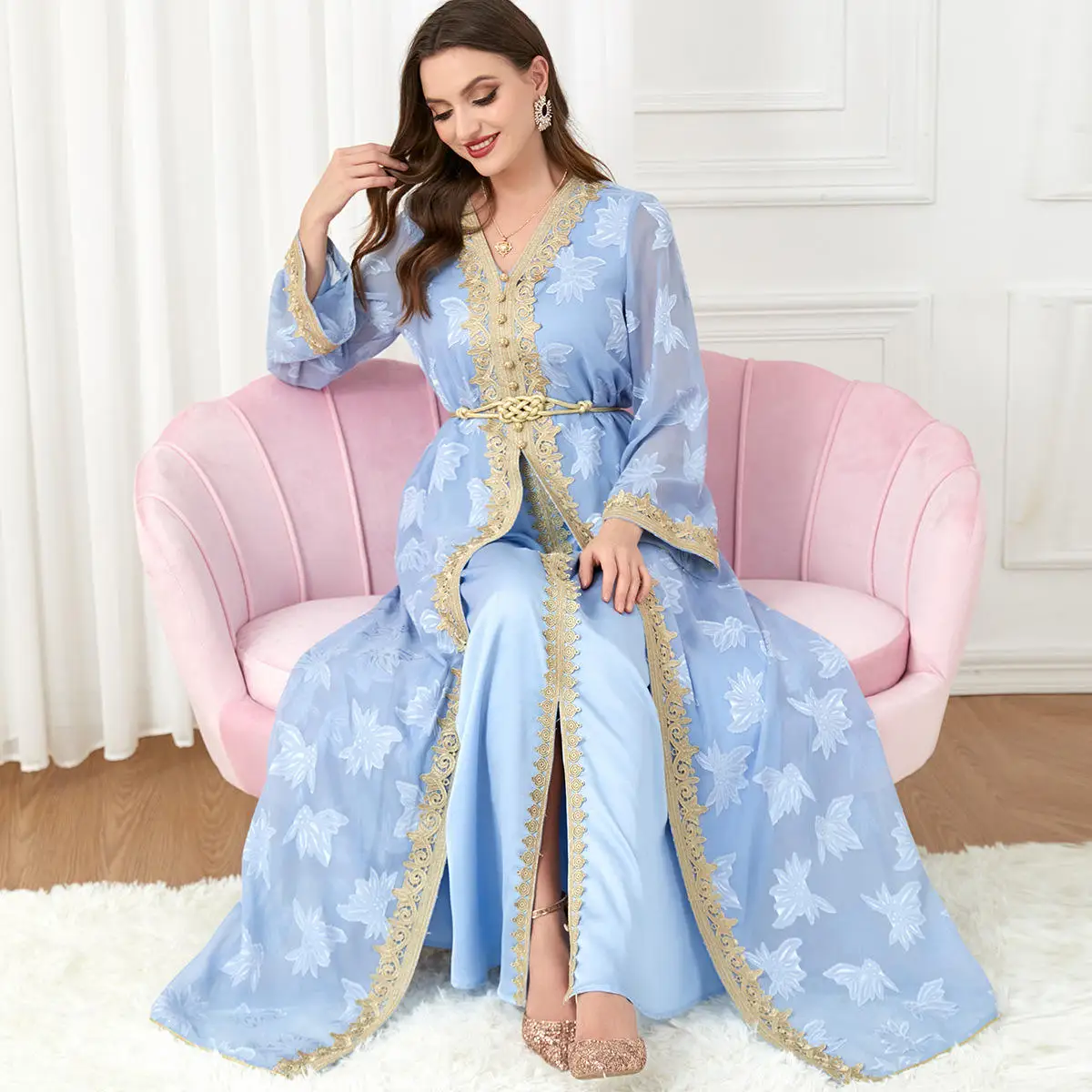 Luxury Abaya Kaftan Dress 2 piece set Women Moroccan Abaya Lace Dress Embroidered Islamic Muslim Prayer Robe Arabic Dubai