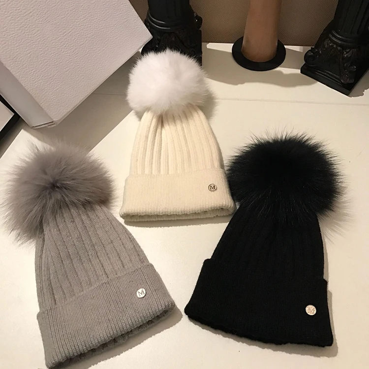 Fur ball Winter hats women&children Knitted Beanie