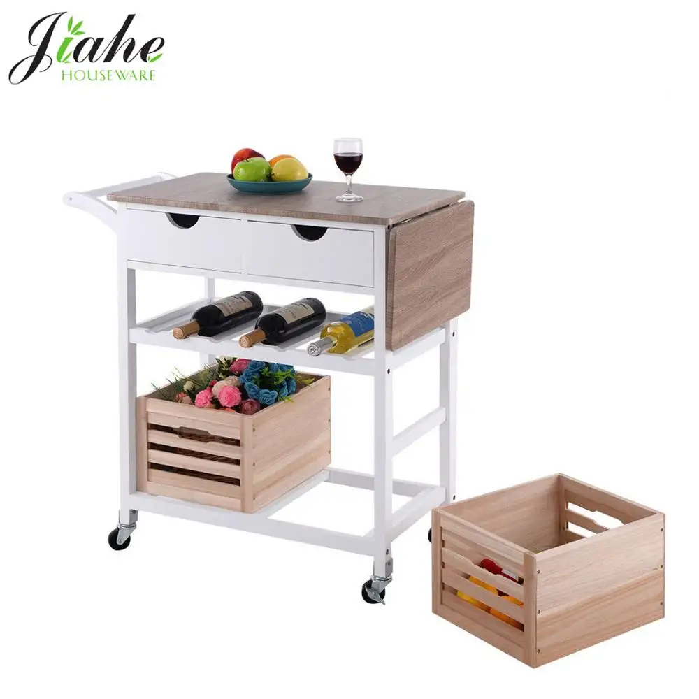 Folding Dining  Rolling Wheels Kitchen Island Storage Utility Cart Portable Trolley Stand with Storage Wooden Basket