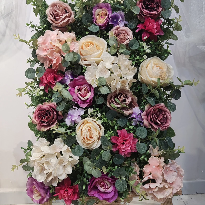 Latest Design Decoration Red Peach Rose Hydrangea Artificial Flower Backdrop Floral Wall Panel Roll up for Wedding