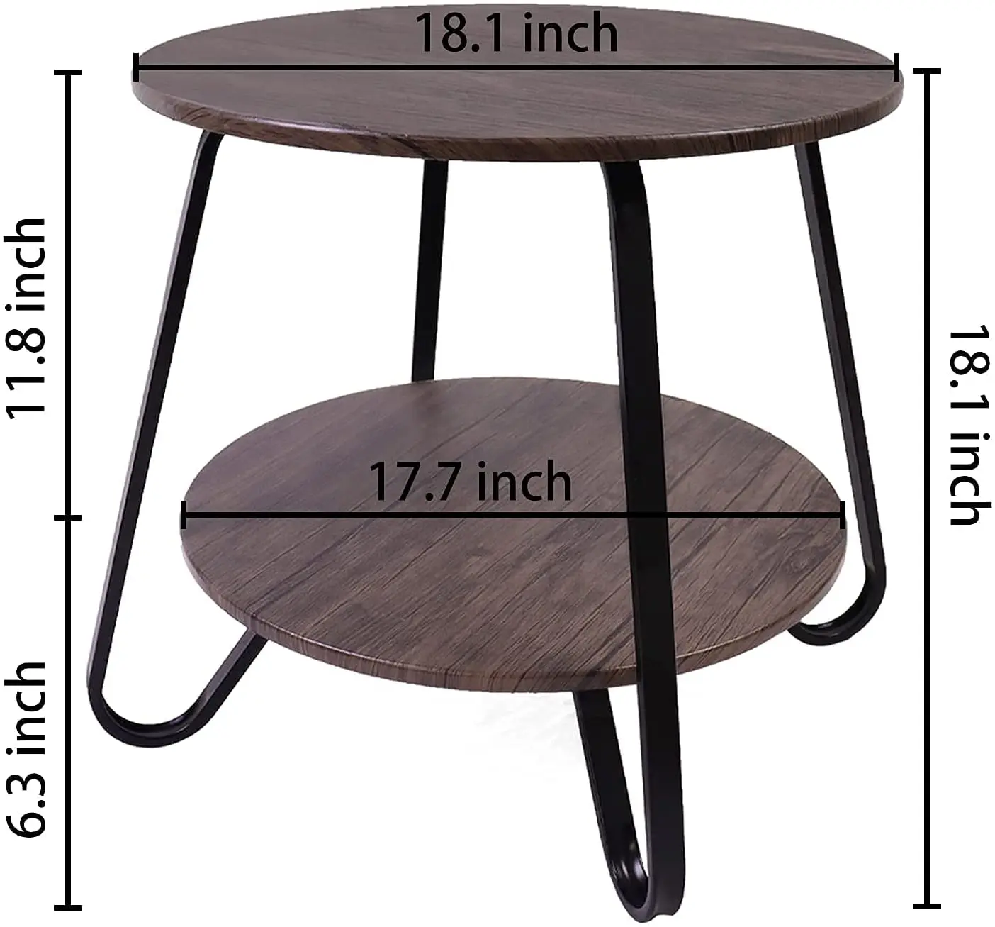 Small Round Coffee Table 2 Tiers Side  Rack Wood Table  for Living Room/Bed Room/Kitchen Room, Metal Frame Brown 18inches