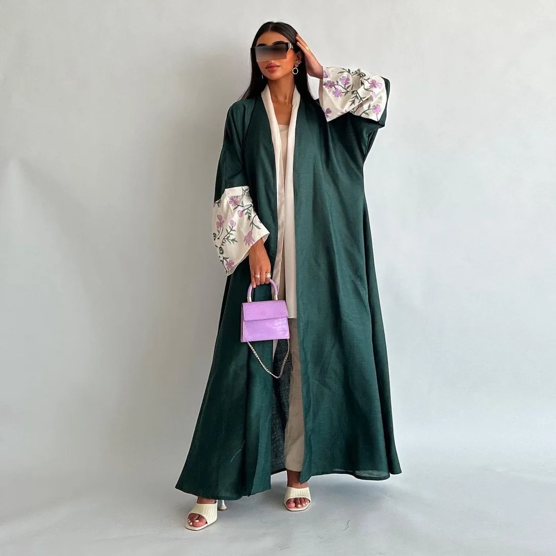 Flower Embroidery Designs Abaya Summer Casual Clothes For Women Muslim Dubai 2024 Sleeve Embroidered Dark Green Open Abayas