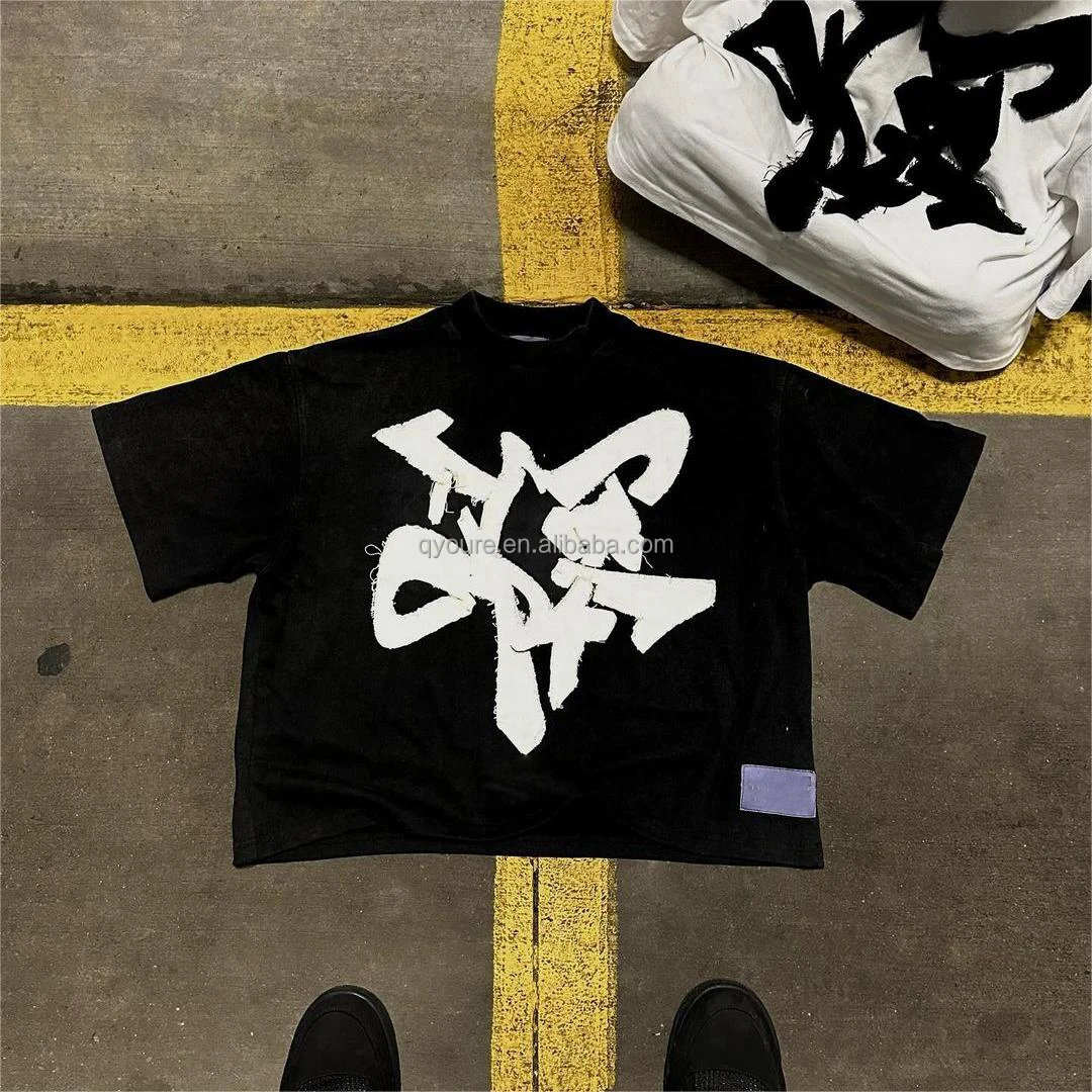 QYOURECLO Custom logo t-shirts Boxy Cropped neck collar oversized thick mens distressed Embroidery patch Tee