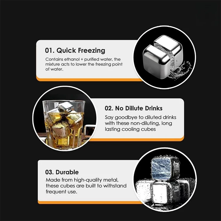 China Factory Wholesale Custom Logo 304 Stainless Steel Ice Cubes for Bar Whiskey Chilling Stones Metal Ice Cube