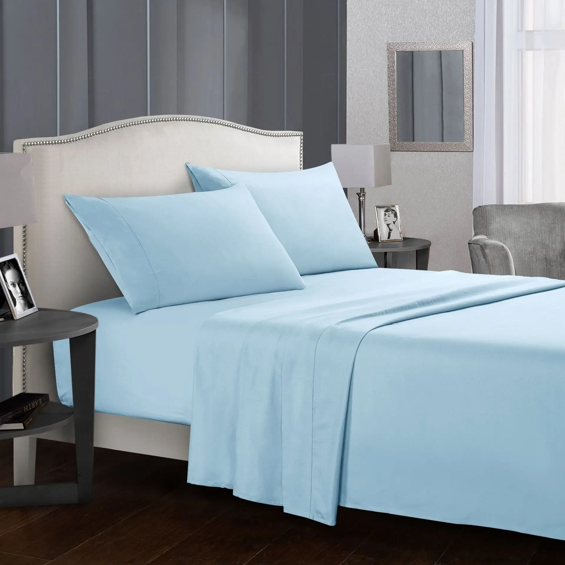 Factory Wholesale Modern Style Custom Plain colour Four-piece Bed Sheet Set Brushed Polyester Fitted & Flat sheets