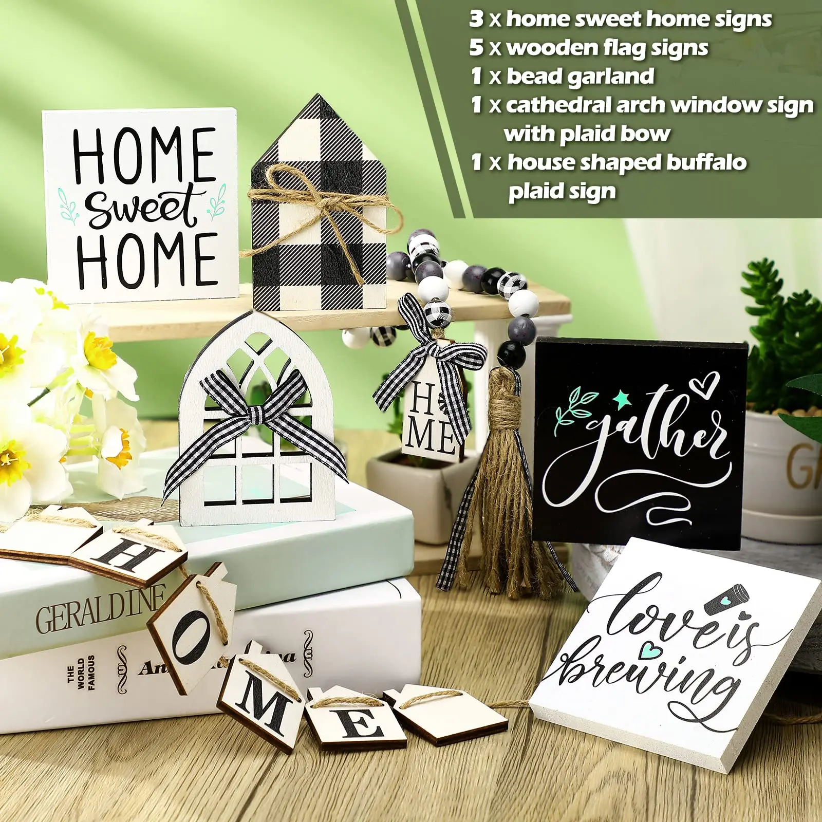 Farmhouse Tiered Tray Decor Rustic Wooden Home Blessed Mini Signs Wood Bead Garland with Tassel Mount Window Frames for Kitchen