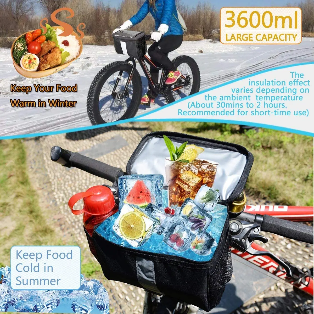 Bike Basket with Mesh Pocket Cold & Warm Insulation Reflective Strap Touchable Transparent Phone Pouch Bicycle Front Bag