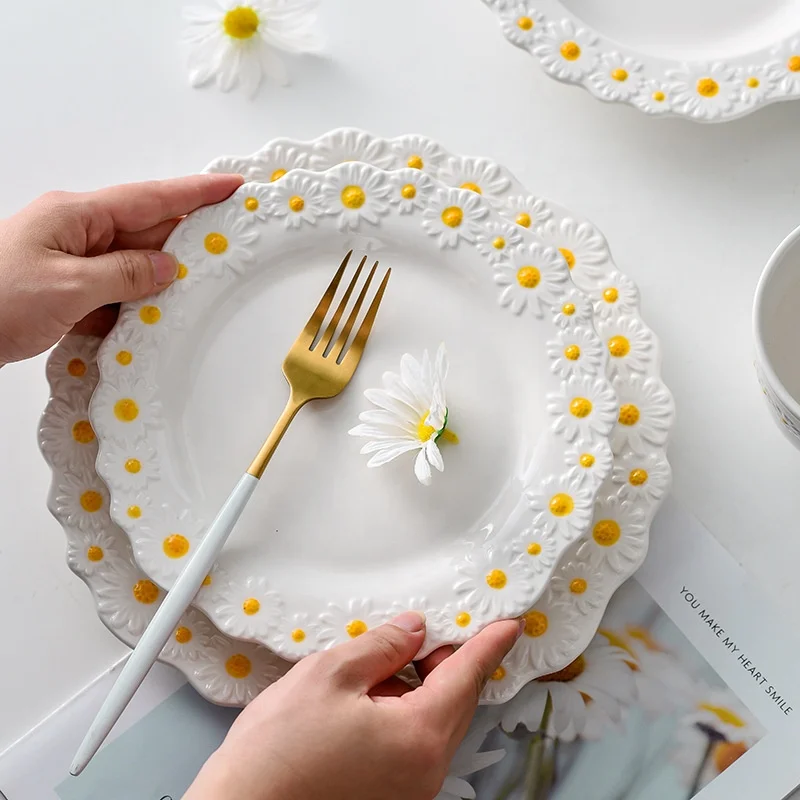 8/10inch Cute Small Daisy Flower Ceramic Plate Dinner Set Steak SnackTray Bakeware Kitchen Tableware