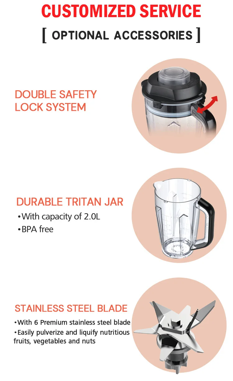 Commercial blender with electric vacuun pressing cover heavy duty powerful 2200W variable speeds ice crush 6  blades