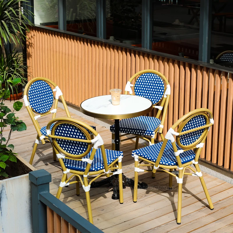2+1 French Cafe set Bistro Chair Aluminum PE Blue cane chair Balcony Garden armless chair