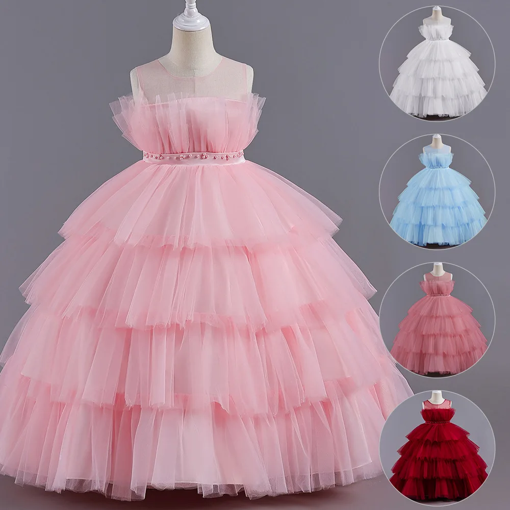 mqatz new dress for girl pink cake puffy tulle dress children clothes party birthday Embroidered for 7 year AL009