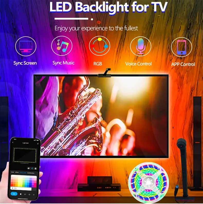 LED TV Backlight RGB IC LED Strip Light 5V USB Powered with APP Remote Control Color Sync TV Backlight Sync to Screen