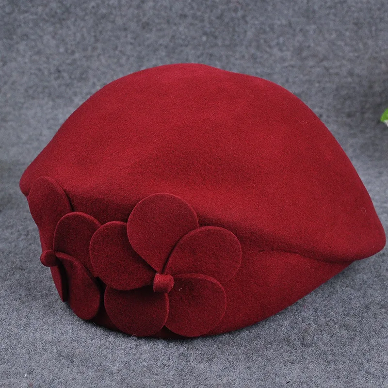 Promotion Autumn winter hat Ladies Elegant Double Flower Wool Beret Floral Dress Pillbox Fascinator Beanie Hat