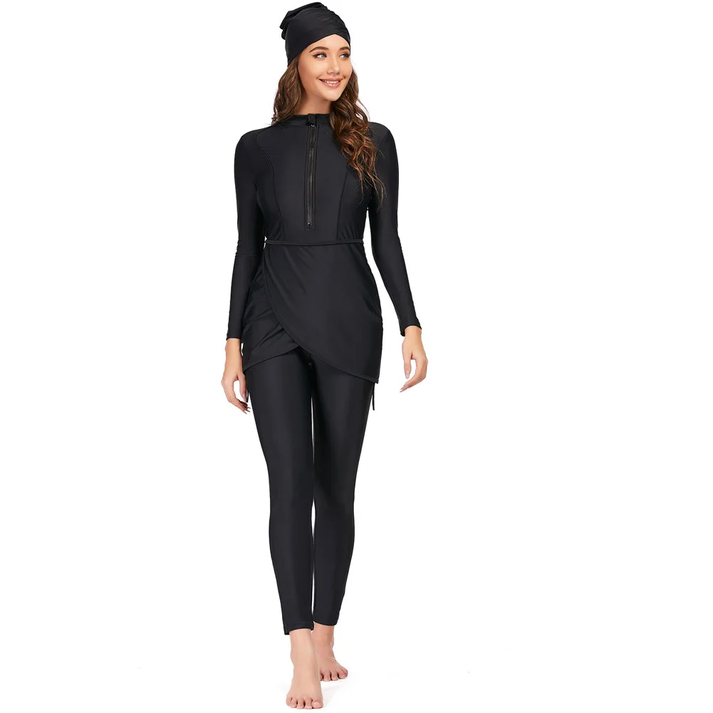 SIPO Factory Direct Muslimah Ladies Swimsuit Set Malaysia Muslim Swim Burkini Black Conservative 3 Piece Baju Renang