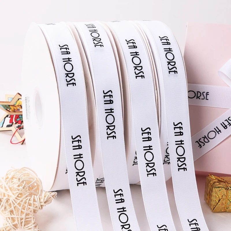 Elegant 2.5 cm 1 inch Pure White Color Ribbon with Black Swatch Silk Single Printing Logo Ribbon